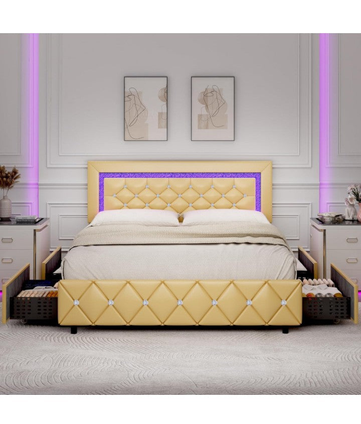 Full Size Bed Frame with LED Lights, Upholstered Bed Frame with Storage Drawers, Princess Platform Bed with Diamond Headboard and Footboard, No Box Spring Needed,