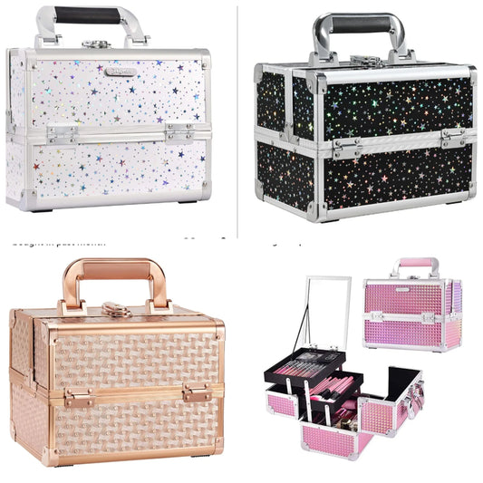 Makeup Train Case Cosmetic Box 2-Tier Tray Jewelry Storage Organizer with Mirror Key Lock Portable Carrying Makeup Box