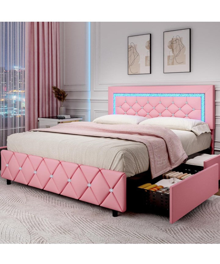Full Size Bed Frame with LED Lights, Upholstered Bed Frame with Storage Drawers, Princess Platform Bed with Diamond Headboard and Footboard, No Box Spring Needed,