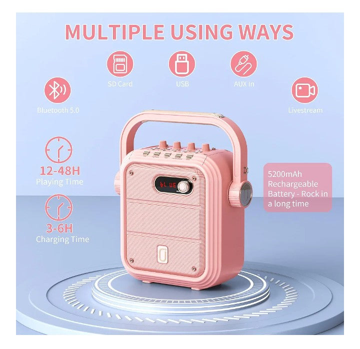 JYX Karaoke Machine with 2 Wireless Mics,Pink Karaoke Speaker with Treble/Bass Adjustment,Bluetooth Speaker PA System with Vocal Cut,8 Sound Effects,Support TWS/REC/BT/USB/SD/AUX for Party,Livestream
