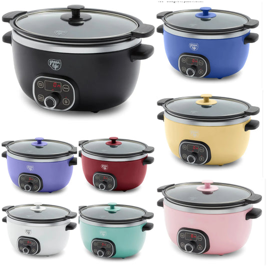 6QT Slow Cooker, Non-Toxic Ceramic Nonstick Removable Interior Bowl, Programmable, Family Friendly, Keep Warm, Stovetop & Oven Safe, Dishwasher Safe Parts, Timer, Glass Lid,