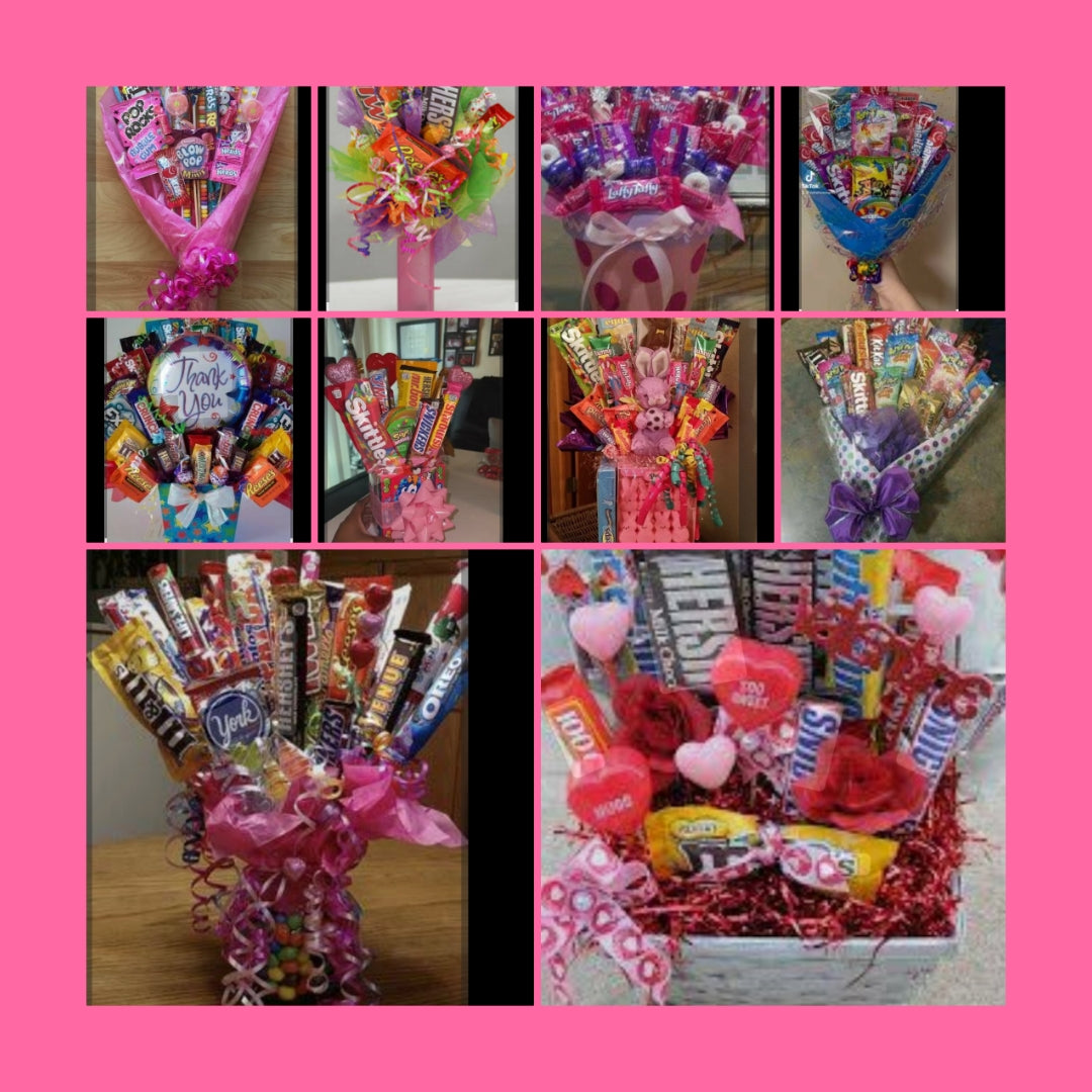 CUSTOM Candy Gift baskets, Gift bags, Gift boxes, Gift buckets, Gift vases, and more