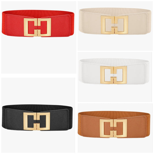 Wide Waist Belts for Women Dresses Vintage Elastic Belts Fashion Stretchy Belt with Gold Buckle