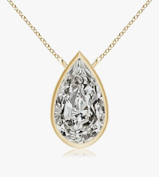 COCOMONEY 14K Natural Bezel-Set Pear-Shaped Diamond Solitaire Pendant in 14K Solid Gold/Platinum | April Birthstone, Birthday, Engagement, Anniversary, Wedding Jewelry Gift for Women