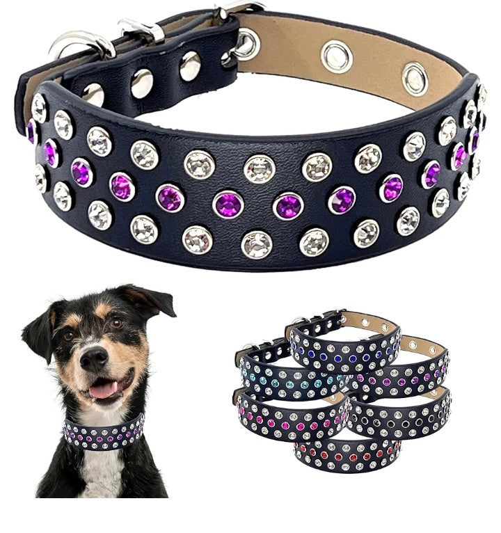 Rhinestone Pet Collar with Fancy Aqua Bling Stones Studded in Wide Black Microfiber Leather, Designer Details Adjustable for Boy and Girl Pets