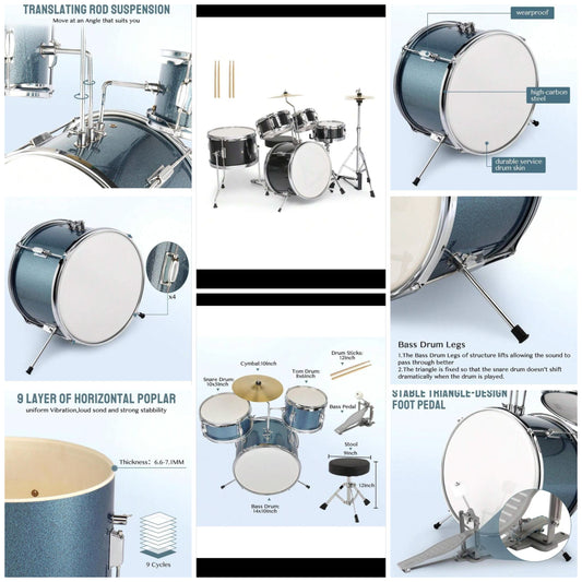Drum Set,5pack Beginner Drum Kit With Throne, Cymbal, Drumsticks