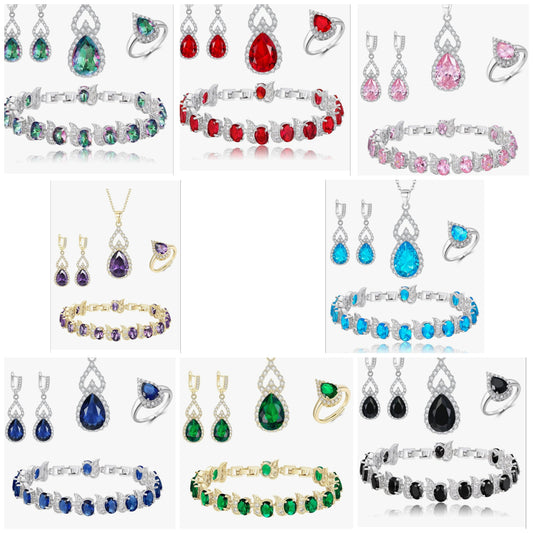 Jewelry Set for Women Bridal Bridesmaid, Teardrop Cubic Zirconia Necklace Open Ring Earrings Bracelet Sets, Wedding/Anniversary/Valentine's Day/Mother's Day Jewelry Gift for Brides/Wife/Mom