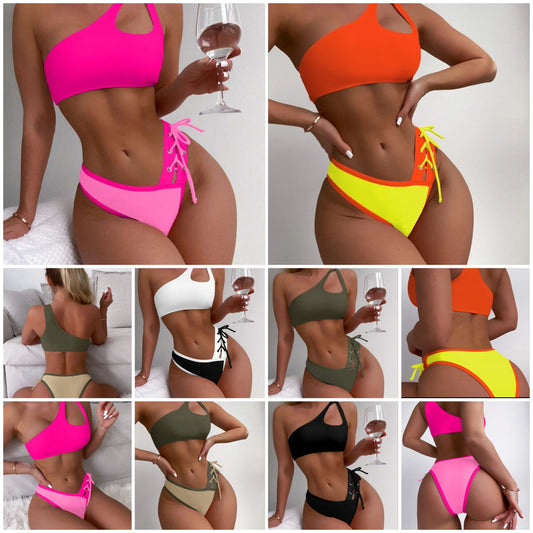 Colorblock One Shoulder Bikini Set COCOMONEY