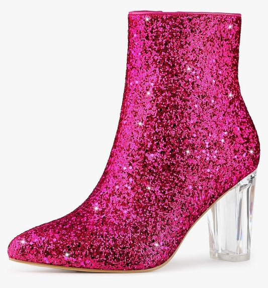 Women's Clear Block Heel Glitter Ankle Boots