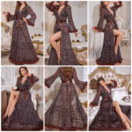 Leopard Print Oversized Embroidered Floral Trim Sheer Robe COCOMONEY