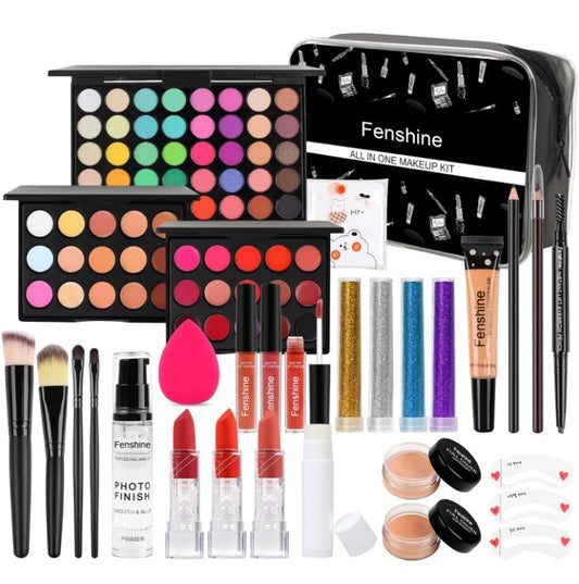 Full Makeup Gift Set Makeup Essential Starter Bundle Include Eyeshadow Palette Lipstick Eyebrow Pencil Brush Set (Type C)