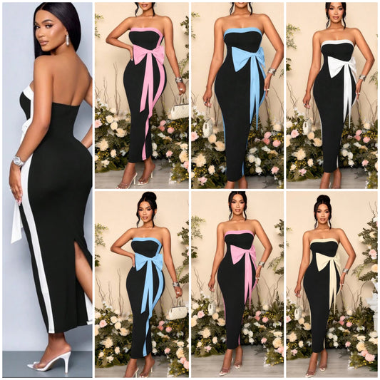 Fabric Edge Color Matching Side White Three-Dimensional Bow Decoration Back Center Slit Tube Top Long Dress