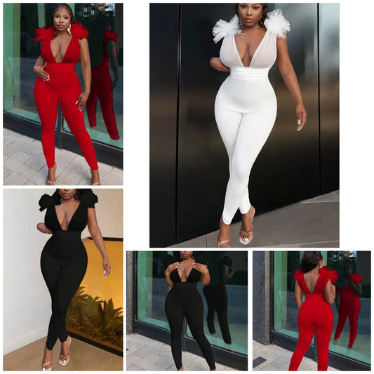 Elegant White Solid Color Sleeveless Mesh Contrast Exaggerated Shoulder Bandage Jumpsuit, Suitable For Date And Vacation COCOMONEY