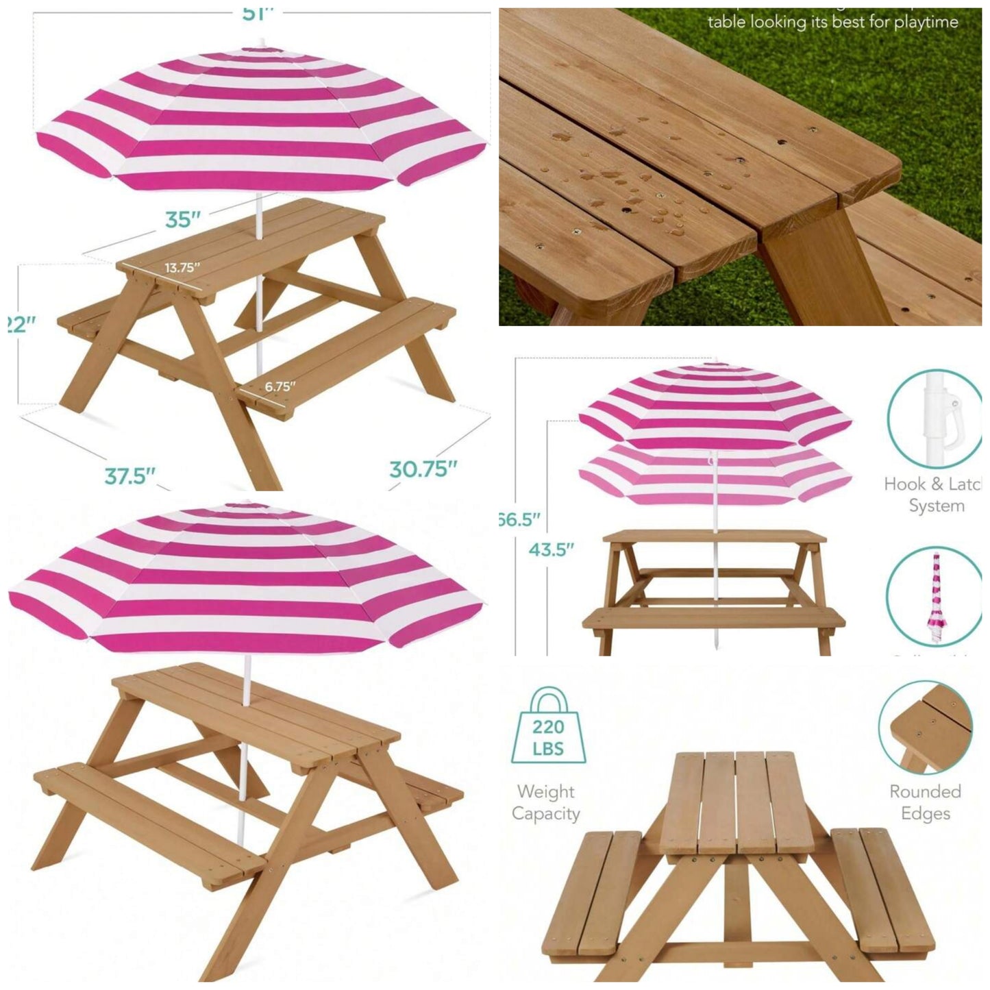 Kids Wooden Picnic Table, Outdoor Activity & Dining Table W/Adjustable Collapsible Umbrella, Built-In Seats - Natural/Dark Pink