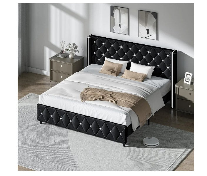 King Size Bed Frame and Headboard, Modern Upholstered Bed Frame with Diamond Tufted Headboard and Silver Wingback, Faux Leather, No Box Spring Needed, Easy Assembly,