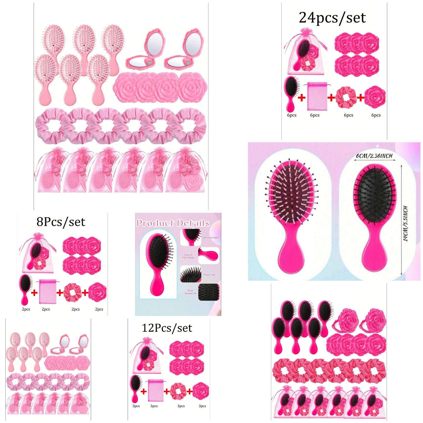 Set Bridal Shower Favors,Hair Brush+Scrunchies+Cosmetic Mirror+Organza Bags, Hair Accessories For Wedding, Bridesmaid, Proposal, Birthday, Gender Reveal Parties - Pink Party Favors, pp polyester