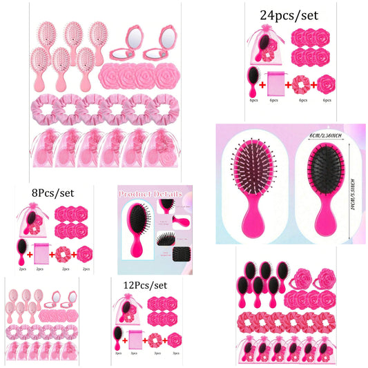 Set Bridal Shower Favors,Hair Brush+Scrunchies+Cosmetic Mirror+Organza Bags, Hair Accessories For Wedding, Bridesmaid, Proposal, Birthday, Gender Reveal Parties - Pink Party Favors, pp polyester