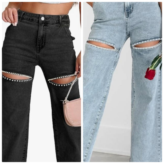 High Waist Denim Jeans Rhinestone Trim Bling Jeans Plus Size Denim Pants