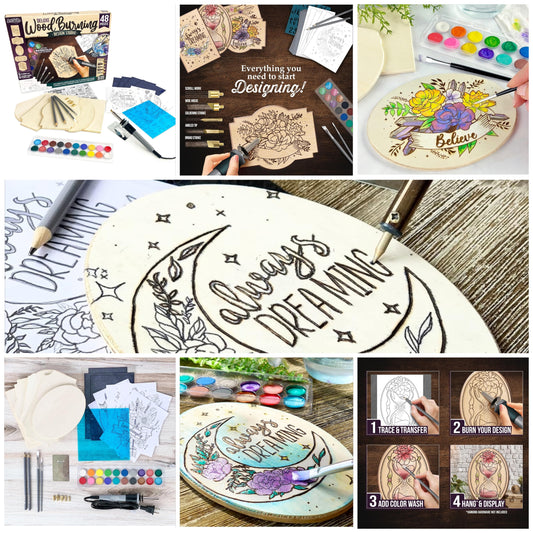 Wood Burning Kit for Beginners - Deluxe Pyrography Wood Engraving Art Kit with Burner Pen, Stencils, Watercolor Paints - 48 Piece DIY Woodburning Tool Kit for Adults and Kids