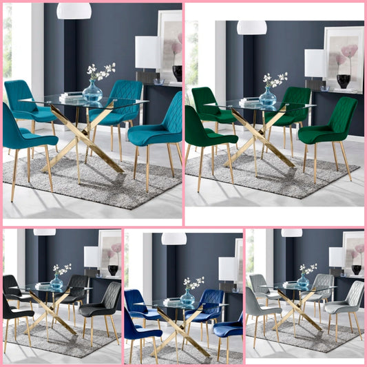 Metal and Glass Dining Table Set with 4 Velvet Upholstered Dining Chairs