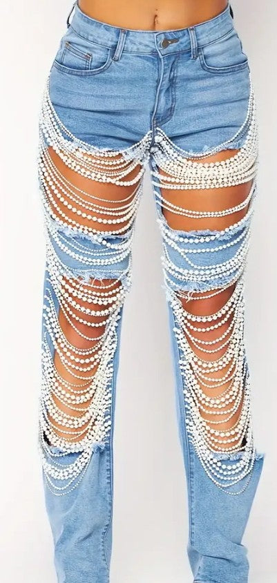 COCOMONEY PEARL CHAIN JEANS DENIM