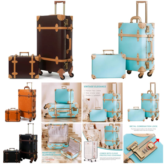 Vintage Luggage Set of 2, Retro Suitcase Trunk with Wheels for Men and Women, Cute Designer Travel Luggage Set with Boarding Tote