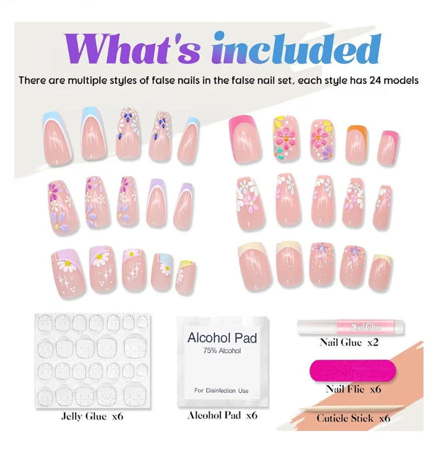 6-Pack Square Press-On Nails: 12 Sets (144 Pcs) French Tip Fake Nails with Flower Design - Full Cover, Colourful Artificial, Reusable False Nails Kit - Cute Glue-On Nails for Women & Girls