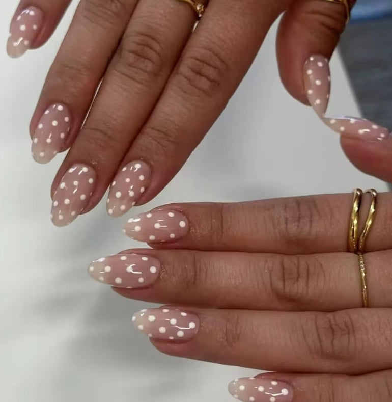 6 Packs (144 Pcs) Press on Nails Medium Almond Fake Nails with Designs Polka Dot Glue on Nails Cute False Nails Full Cover Glossy Acrylic Stick on Nail for Women Girls Manicure
