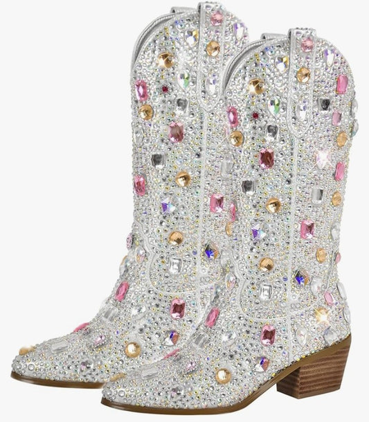 Sparkly Rhinestones Cowboy Cowgirl Style Boots Calf High Boots for Women 2INCH Heeled Shining