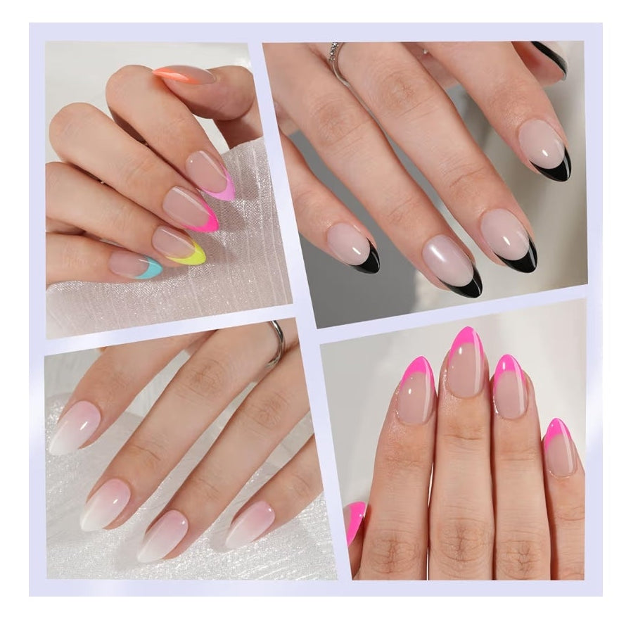 6 Packs Press On Nails Almond, Misssix French Tip Press On Nails Short, Reusable Glue On Nails, Gel Fake Nails for Women, Stick On Nails Kit 15 Sizes-6 styles in total