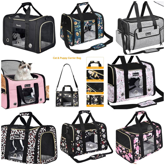 Cat Carrier Dog Carrier, Airline Approved Soft Pet Travel Carrier with 3 Open Doors Mesh Windows for Cats Puppy 16 lbs, White Daisy Medium