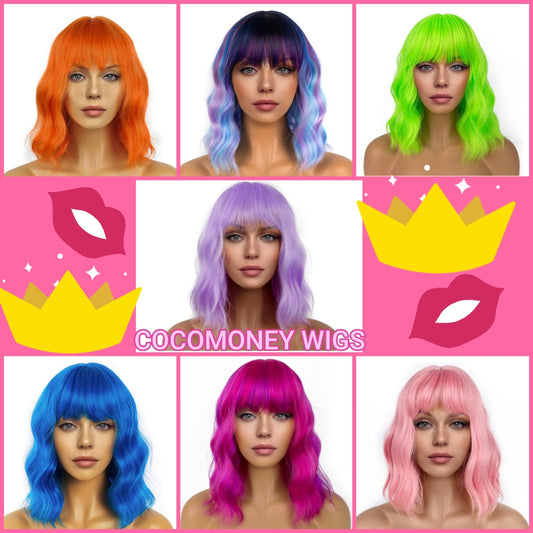 Wigs with Bangs for Women Loose Wavy Wig Pastel Wavy Shoulder Length Bob Synthetic Cosplay Wig for Girl Colorful Costume Wigs (Pink)