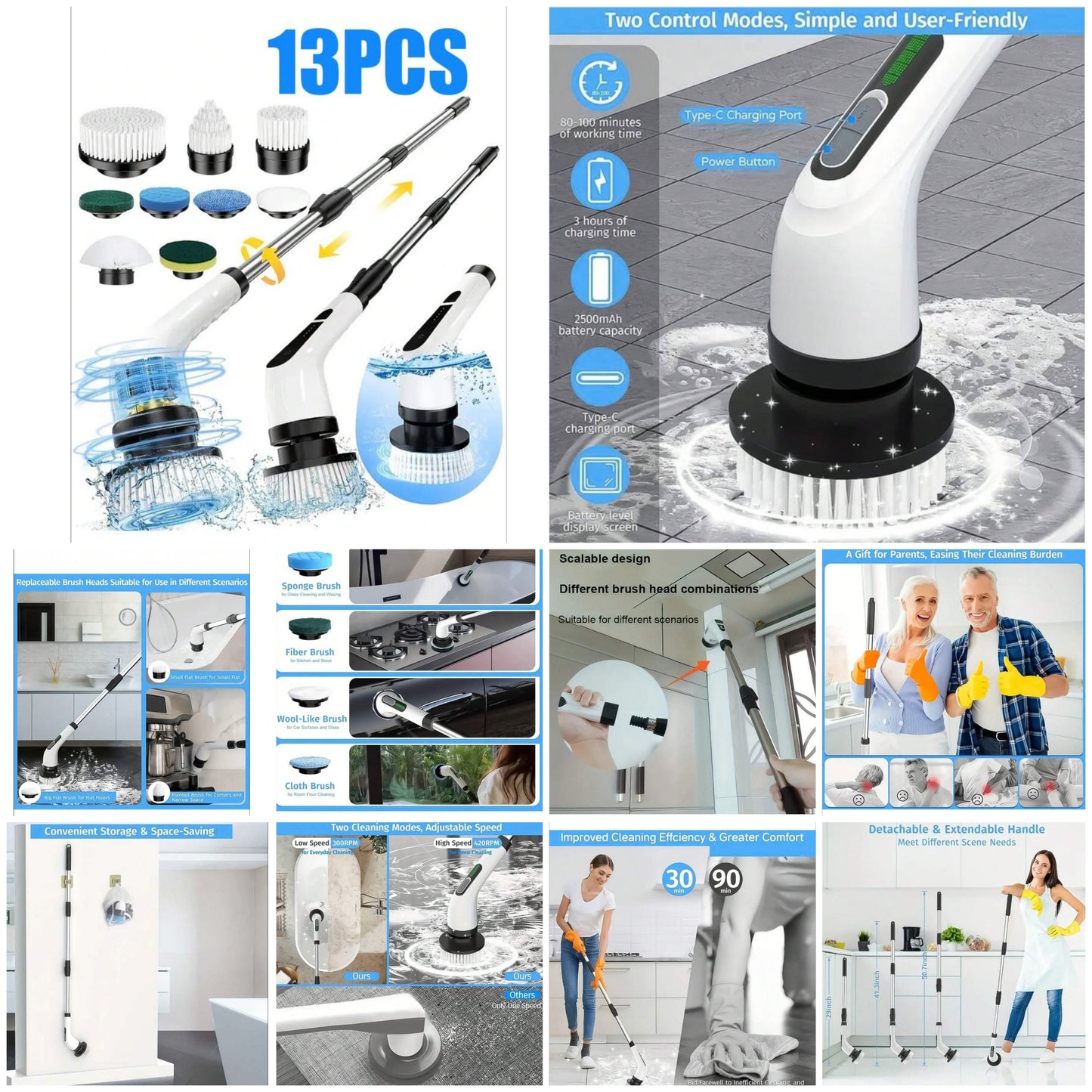 9-In-1 Power Cleaning Brush Set, Adjustable And Removable Handle, 3 Adjustable Speeds, Adjustable Telescopic Handle, For Tiles, Tubs, Sinks, Walls, Bathrooms, USB-C Charging Cable
