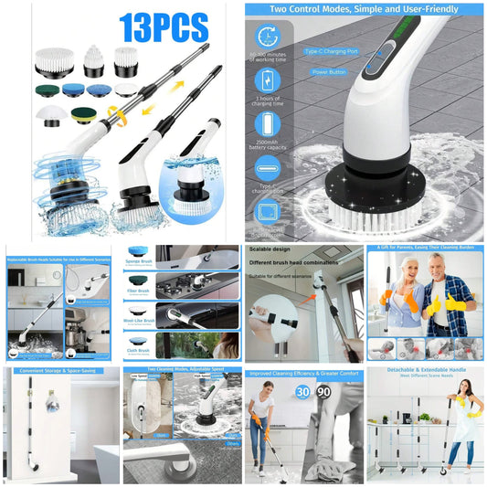 9-In-1 Power Cleaning Brush Set, Adjustable And Removable Handle, 3 Adjustable Speeds, Adjustable Telescopic Handle, For Tiles, Tubs, Sinks, Walls, Bathrooms, USB-C Charging Cable