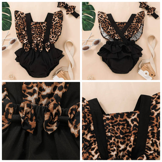 Baby Girl Leopard Ruffle Trim Bow Front 2 In 1 Bodysuit With Headband