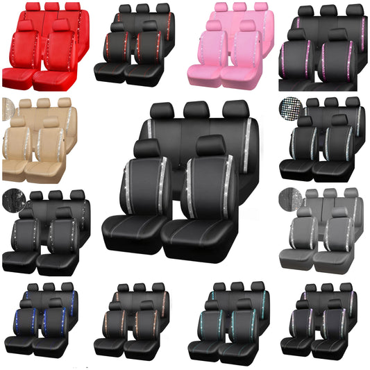 Bling Car Seat Covers Full Set, Shining Rhinestone Diamond Waterproof Faux Leather, Rear with Zipper, Universal Fit Automotive Glitter Crystal Sparkle Strips for Cute Women Girl
