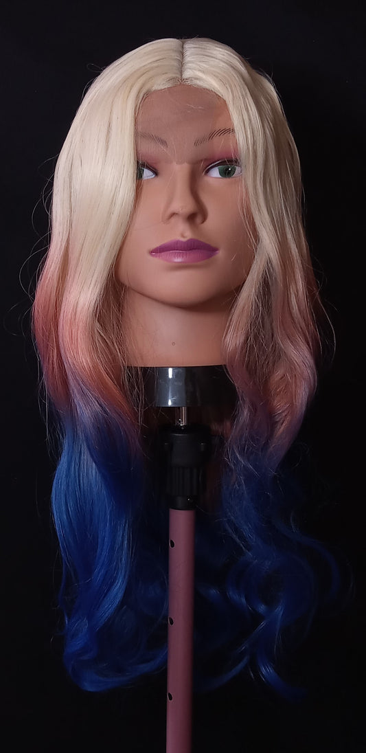 COCOMONEY WIG BLONDE BLUE PINK LONG WAVY SYNTHETIC