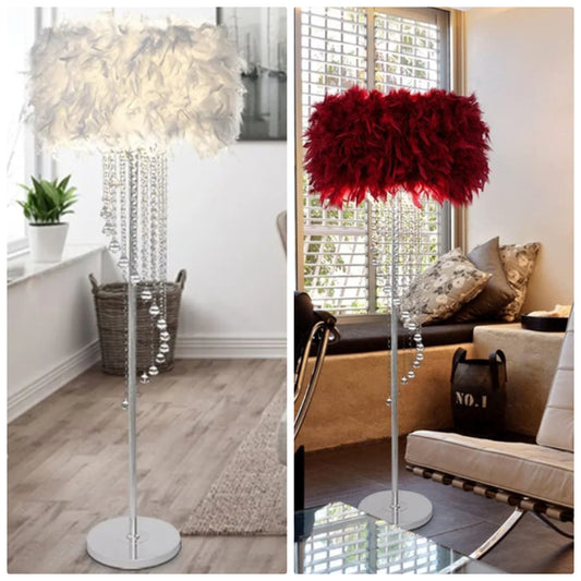 Floor Lamp Feather Drum Shade with Spiral Crystal Standing Lighting Plug in Standing Lamp Floor Light for Reading Living Room Bedroom