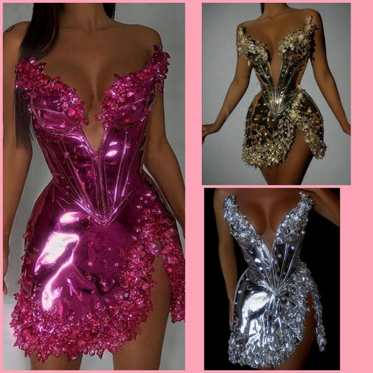 COCOMONEY Mini Corset Metallic Crystal Dress Hot Fun Sexy