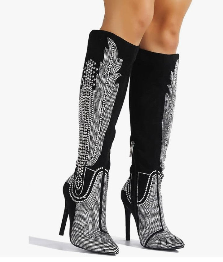 Knee High Cowboy Boots Women Western Wide Calf Rhinestone Cowgirl Boots for Women with Stiletto Heels Fashion Dress Boots for Women