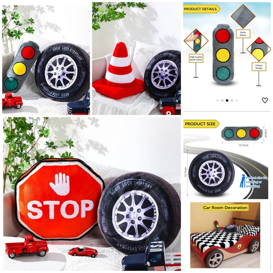 2 Pcs Racing Pillow Room Decorations Set 15.7 Inch Big Creative 3D Simulation Wheel Pillow Funny Cone Traffic Light and Stop Sign Soft Race Car Tire Plush for Kid Room pp