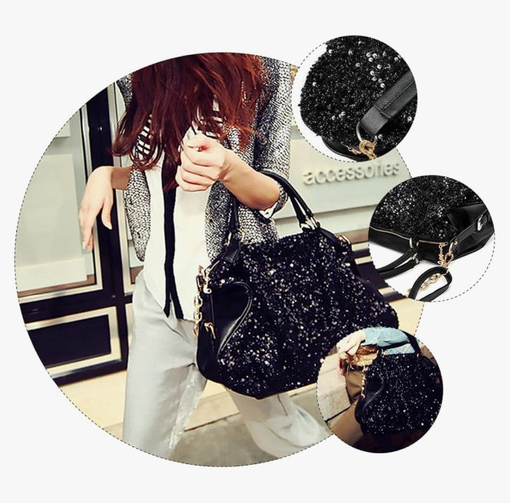 Sequin Tote Over Shoulder Bag for Women Black Tote Purse Hand Bag for Womens Woman Crossbody Bag Crossbody Bags for Women Trendy Ladies Hand Bags Sequins Miss Chic Handbag
