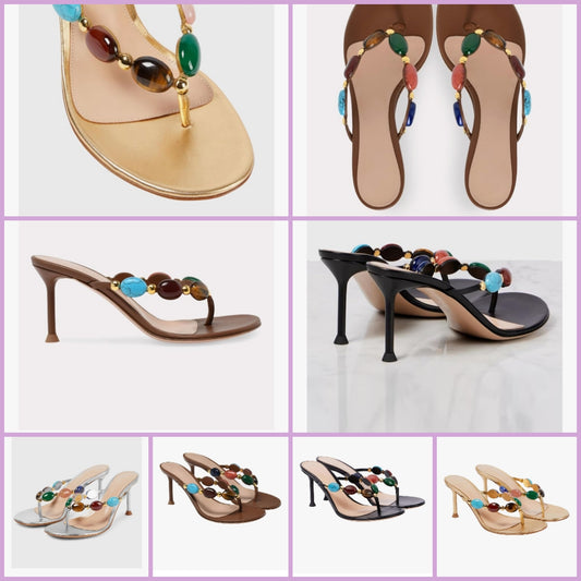 Jeweled Thong Strappy Sandal Summer Mules Kitten Heels Flip Flop Round Open Toe Mid Heels Fashion Wedding Party Dress Thong Casual Shoes