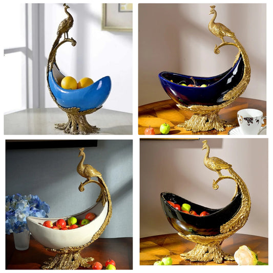 Luxury Ceramic Inlaid Copper Decorative Fruit Plate, Snacks Nuts Tray Display Stand for Home Living Room Decoration Artwork Ornament Gift