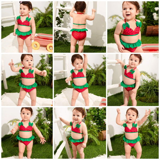 Baby Girl Bowknot Decor Watermelon Pattern Printed Swimsuit