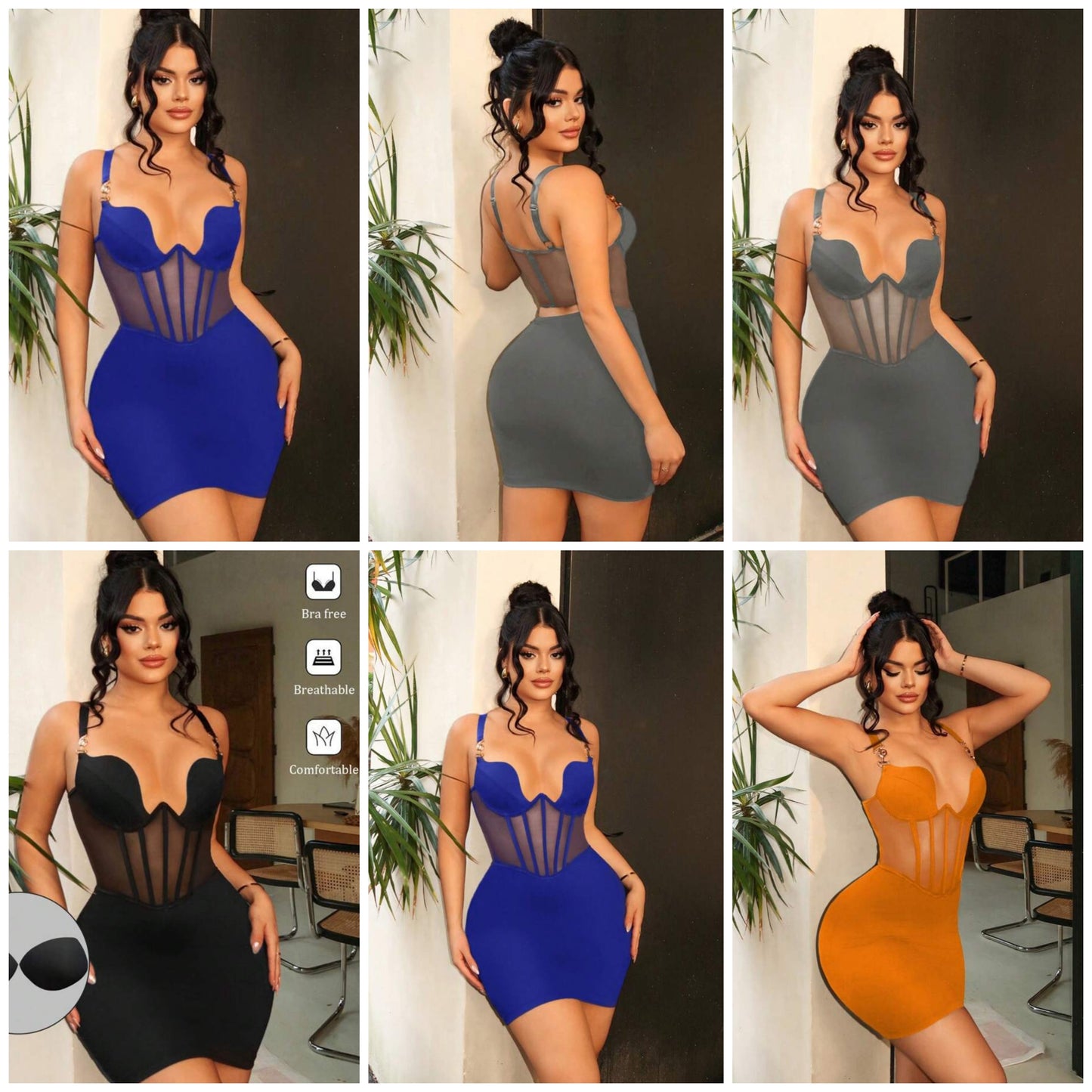 Elegant Sexy Black High Knit Corset Bra Cup Top Underwire Halter Waist See-Through Mini Dress COCOMONEY