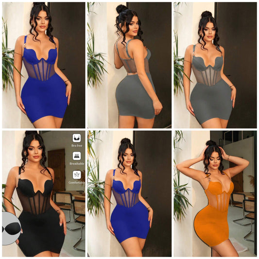 Elegant Sexy Black High Knit Corset Bra Cup Top Underwire Halter Waist See-Through Mini Dress COCOMONEY