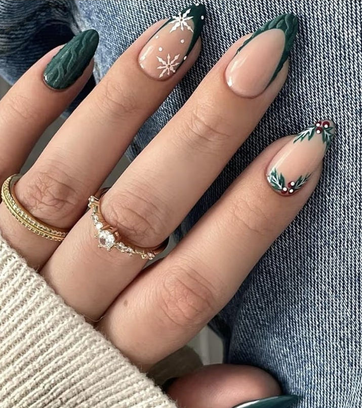 6 Packs (144 Pcs) Christmas Press on Nails Medium Almond Fake Nails Winter Xmas False Nails with Designs Snowflake Glue on Nails Full Cover Glossy Acrylic Stick on Nail for Women Girls Manicure