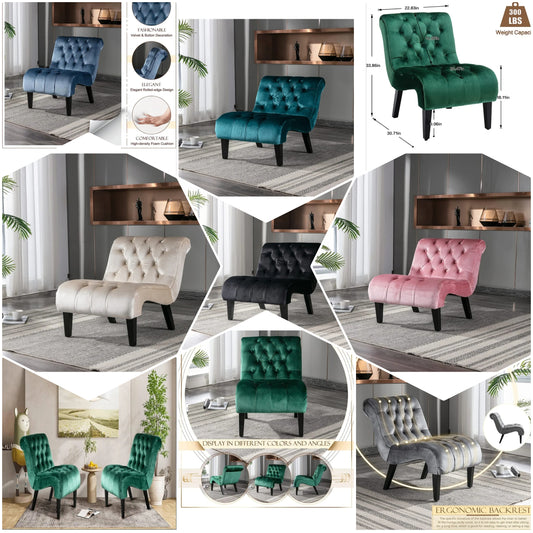 Velvet Accent Lounge Chair for Living Room, Modern Leisure Chair with Tufted Backrest, Indoor Armless Side Chair high density foam and wood