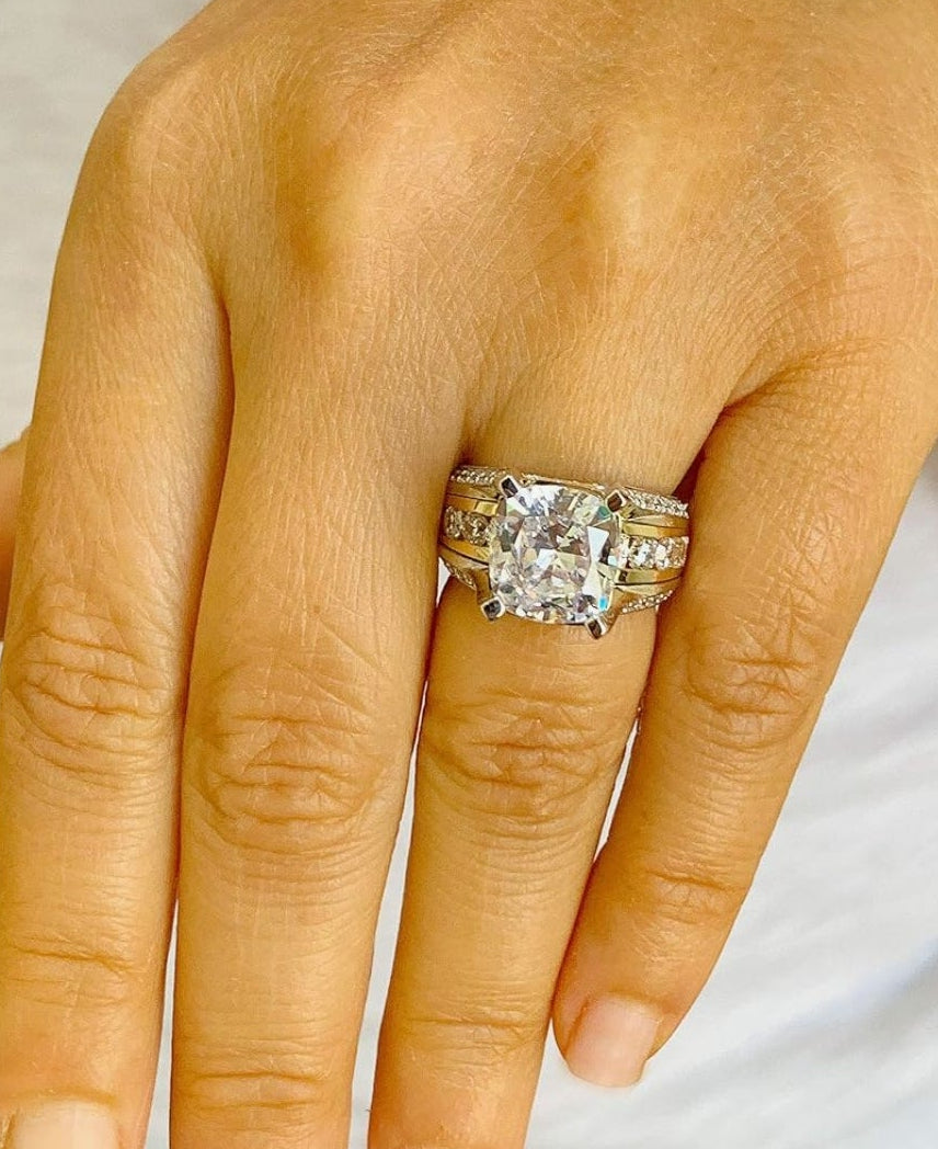 AMAZING 14K Solid And Heavy White and Yellow Gold Cushion and Round Cut Simulated Diamonds Engagement Ring Wedding Bridal Set 6.50ctw